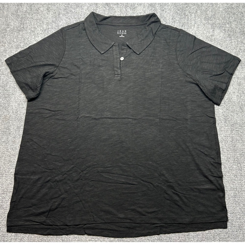 Joan Rivers Polo Shirt Womens 2X Black Short Sleeve Collared Top Linen New